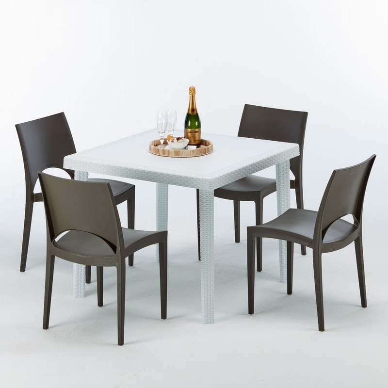 Table carrée et 4 chaises Poly rotin resine colorées 90x90 blanc | Paris Marron Moka - GRAND SOLEIL Table carrée et 4 chaises Poly rotin resine colorées 90x90 blanc | Paris Marron Moka - GRAND SOLEIL
