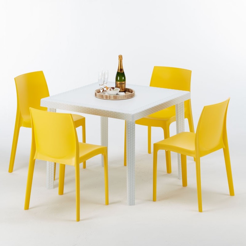 Table carrée et 4 chaises Poly rotin resine colorées 90x90 blanc | Rome jaune - GRAND SOLEIL Table carrée et 4 chaises Poly rotin resine colorées 90x90 blanc | Rome jaune - GRAND SOLEIL