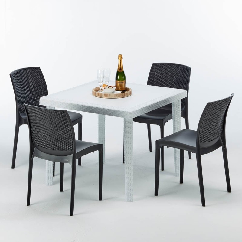 Table carrée et 4 chaises Poly rotin resine colorées 90x90 blanc | Boheme Anthracite noir - GRAND SOLEIL Table carrée et 4 chaises Poly rotin resine colorées 90x90 blanc | Boheme Anthracite noir - GRAND SOLEIL