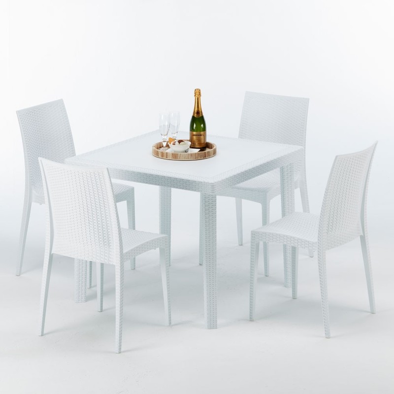 Table carrée et 4 chaises Poly rotin resine colorées 90x90 blanc | Bistrot Blanc - GRAND SOLEIL Table carrée et 4 chaises Poly rotin resine colorées 90x90 blanc | Bistrot Blanc - GRAND SOLEIL