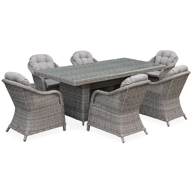 Table de jardin 6 places en résine tressée arrondie - Lecco Gris - Coussins beige - 6 fauteuils, 1 grande table - ALICE'S GARDEN