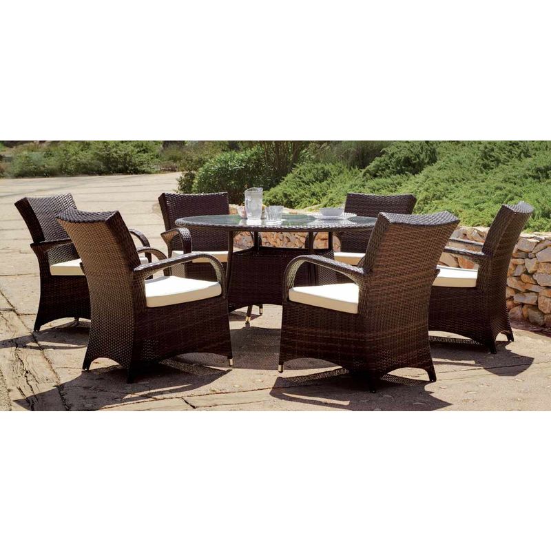 Table de jardin ronde "Oregon" 140 cm + 6 fauteuils avec coussins écrus - HEVEA