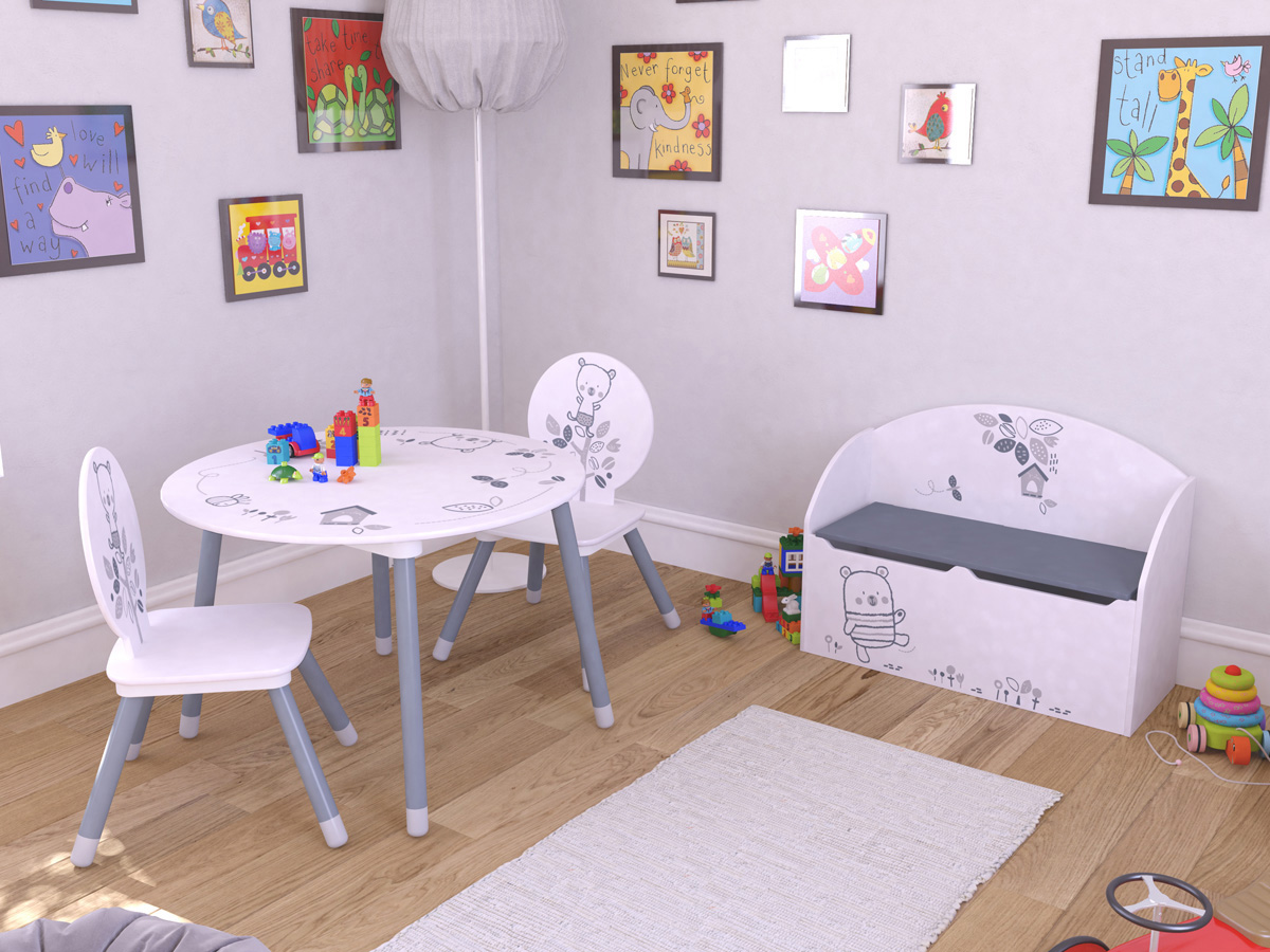 Set table + 2 chaises Bear - 60 x 50 x 60 cm - Coloris blanc et gris