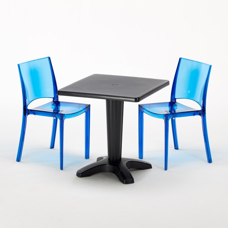 Table et 2 chaises colorées polycarbonate extérieurs Grand Soleil CAFFÈ | B-Side Bleu transparent - Noir Table et 2 chaises colorées polycarbonate extérieurs Grand Soleil CAFFÈ | B-Side Bleu transparent - Noir