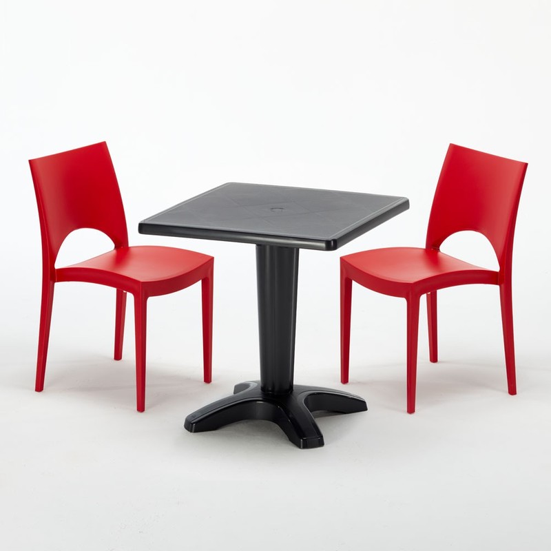 Table et 2 chaises colorées polypropylene extérieurs Grand soleil PATIO | Paris rouge - Noir