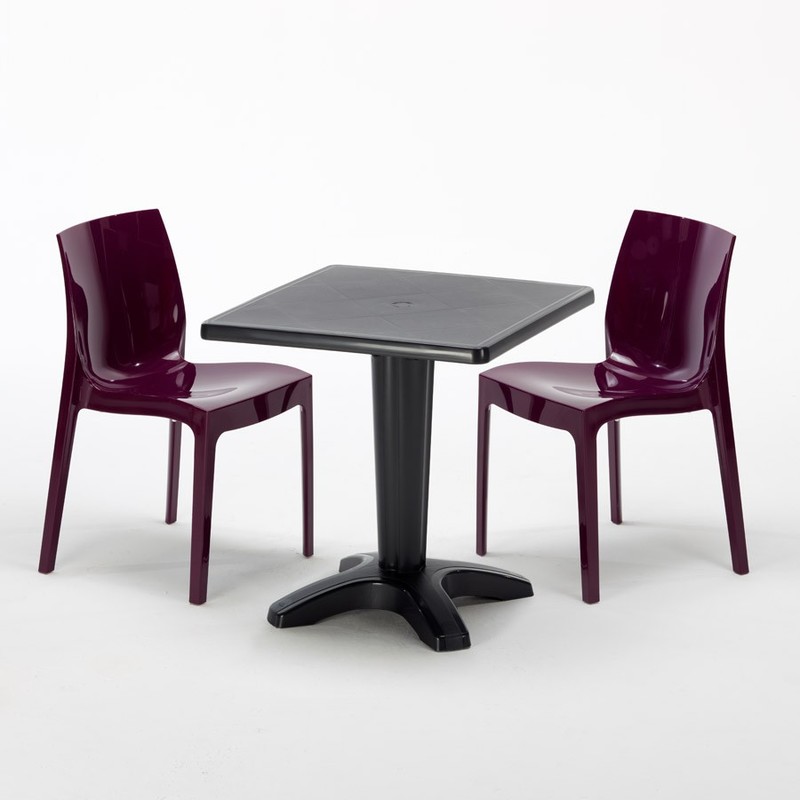 Table et 2 chaises colorées polypropylene extérieurs Grand soleil PATIO | Ice Aubergine violette - Noir