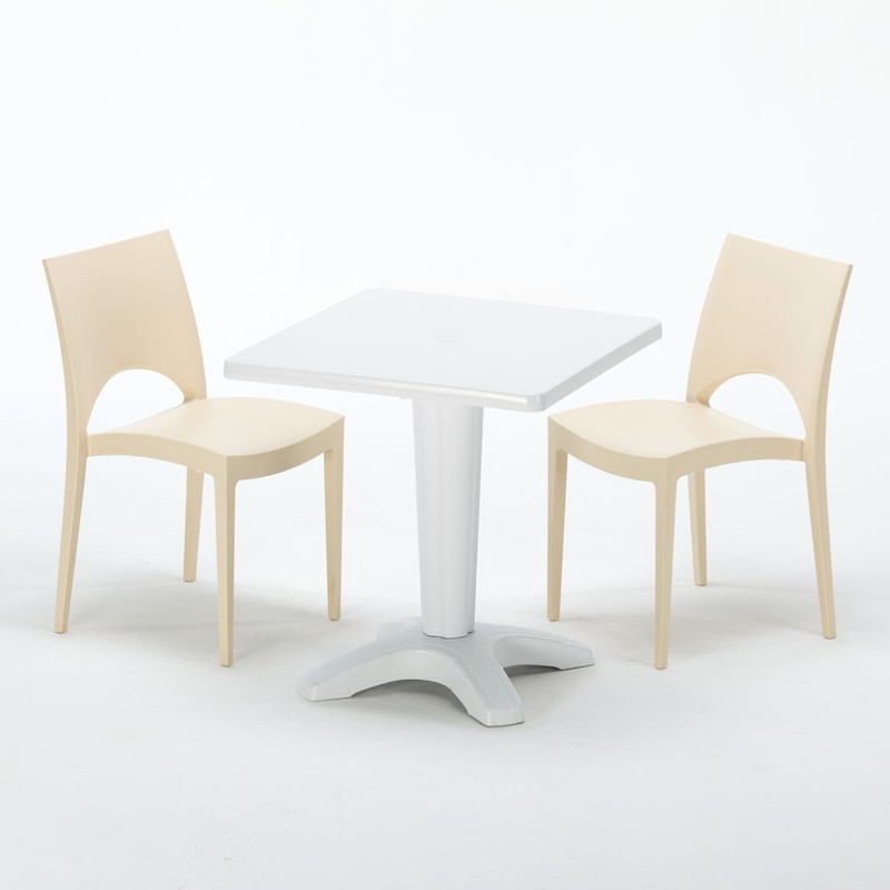 Table et 2 chaises colorées polypropylene extérieurs Grand soleil PATIO | Paris Beige ivoire - Blanc