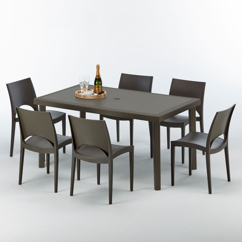 Table rectangulaire 4 chaises Poly rotin resine 90x90 marron | Paris Marron Moka - GRAND SOLEIL