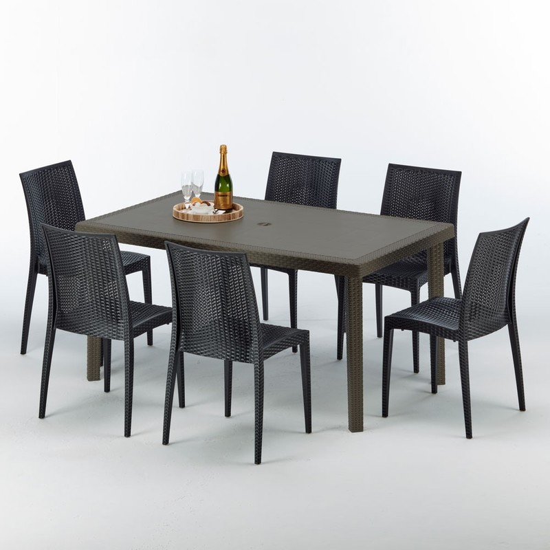 Table rectangulaire 4 chaises Poly rotin resine 90x90 marron | Bistrot Anthracite noir - GRAND SOLEIL