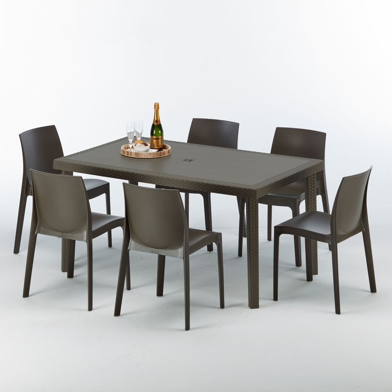 Table rectangulaire 4 chaises Poly rotin resine 90x90 marron | Rome Marron Moka - GRAND SOLEIL
