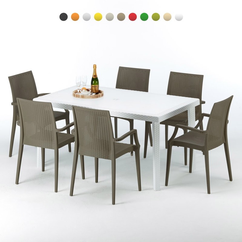 Table rectangulaire et 6 chaises colorées Poly rotin resiné 150x90 blanc | Bistrot Arm Marron Moka - GRAND SOLEIL