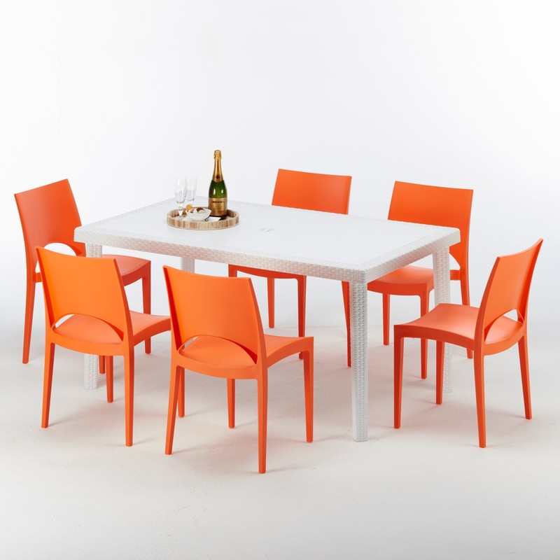 Table rectangulaire et 6 chaises colorées Poly rotin resiné 150x90 blanc | Paris orange - GRAND SOLEIL Table rectangulaire et 6 chaises colorées Poly rotin resiné 150x90 blanc | Paris orange - GRAND SOLEIL
