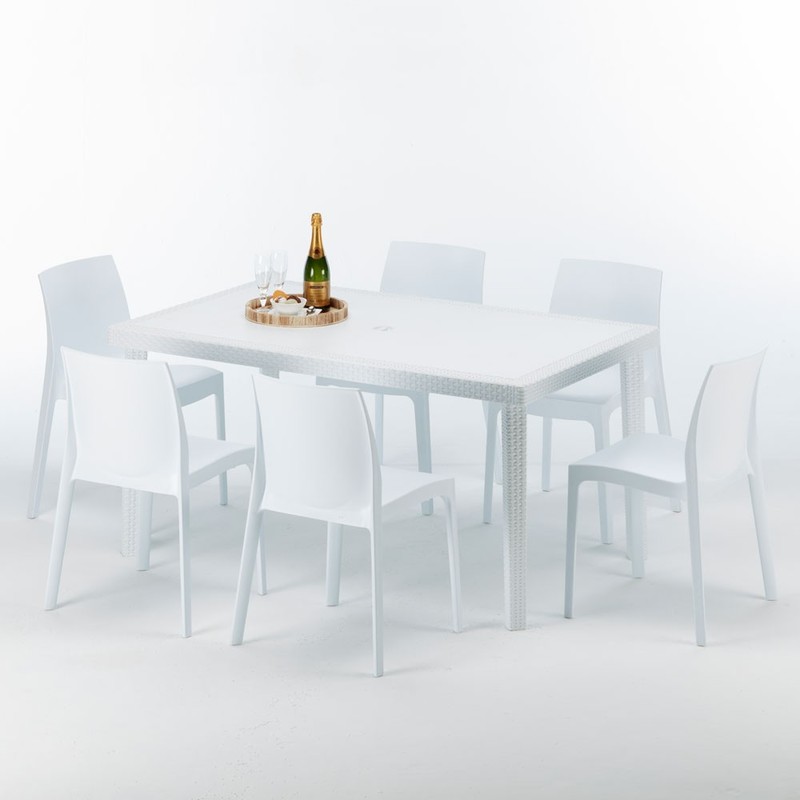 Table rectangulaire et 6 chaises colorées Poly rotin resiné 150x90 blanc | Rome Blanc - GRAND SOLEIL