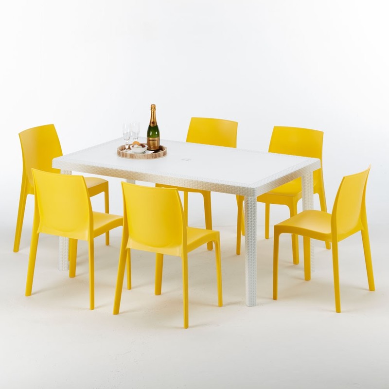 Table rectangulaire et 6 chaises colorées Poly rotin resiné 150x90 blanc | Rome jaune - GRAND SOLEIL Table rectangulaire et 6 chaises colorées Poly rotin resiné 150x90 blanc | Rome jaune - GRAND SOLEIL