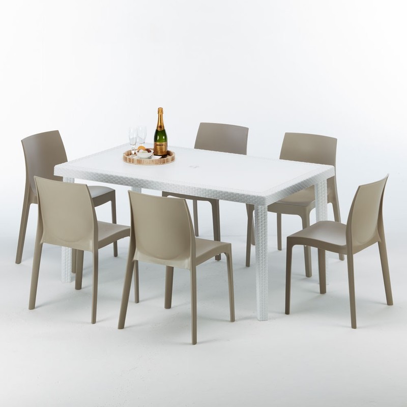Table rectangulaire et 6 chaises colorées Poly rotin resiné 150x90 blanc | Rome Beige Juta - GRAND SOLEIL Table rectangulaire et 6 chaises colorées Poly rotin resiné 150x90 blanc | Rome Beige Juta - GRAND SOLEIL
