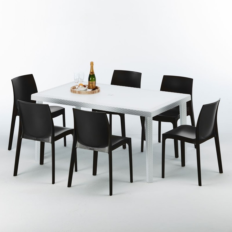 Table rectangulaire et 6 chaises colorées Poly rotin resiné 150x90 blanc | Rome Anthracite noir - GRAND SOLEIL Table rectangulaire et 6 chaises colorées Poly rotin resiné 150x90 blanc | Rome Anthracite noir - GRAND SOLEIL