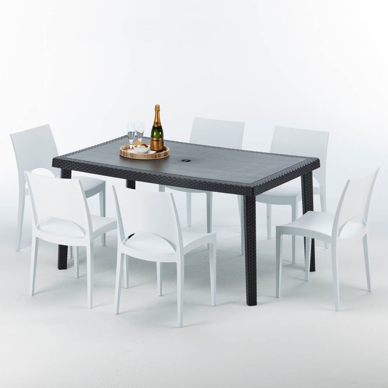 Table rectangulaire et 6 chaises Poly rotin colorées 150x90 noir | Paris Blanc - GRAND SOLEIL Table rectangulaire et 6 chaises Poly rotin colorées 150x90 noir | Paris Blanc - GRAND SOLEIL