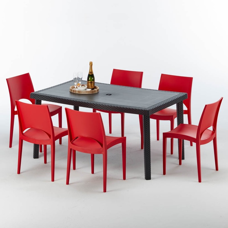 Table rectangulaire et 6 chaises Poly rotin colorées 150x90 noir | Paris rouge - GRAND SOLEIL