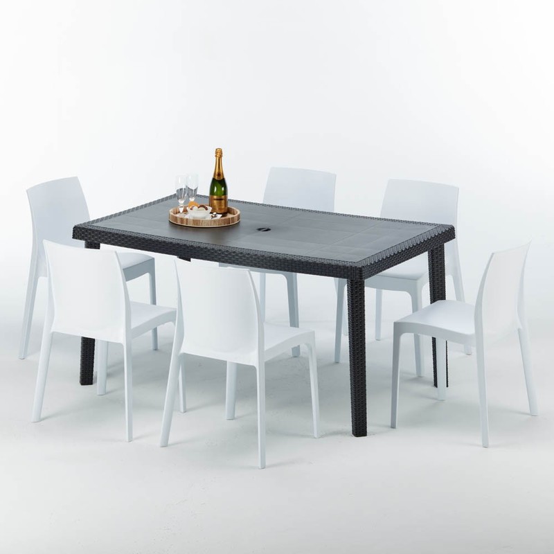 Table rectangulaire et 6 chaises Poly rotin colorées 150x90 noir | Rome Blanc - GRAND SOLEIL