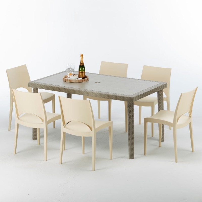 Table rectangulaire et 6 chaises Poly rotin resine ensemble bar cafè exterieur 150x90 Beige | Paris Beige ivoire - GRAND SOLEIL