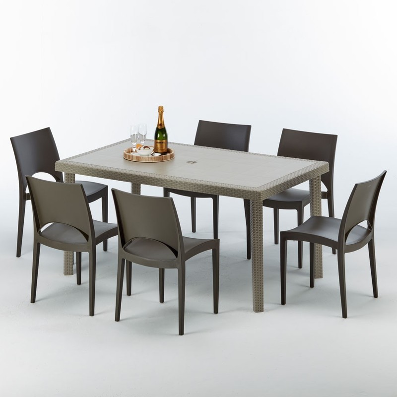 Table rectangulaire et 6 chaises Poly rotin resine ensemble bar cafè exterieur 150x90 Beige | Paris Marron Moka - GRAND SOLEIL