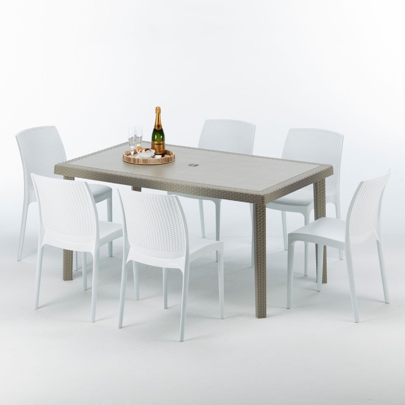 Table rectangulaire et 6 chaises Poly rotin resine ensemble bar cafè exterieur 150x90 Beige | Boheme Blanc - GRAND SOLEIL