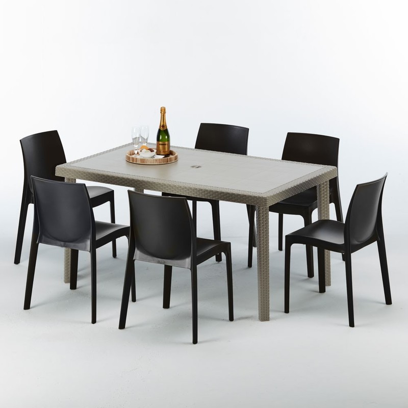 Table rectangulaire et 6 chaises Poly rotin resine ensemble bar cafè exterieur 150x90 Beige | Rome Anthracite noir - GRAND SOLEIL