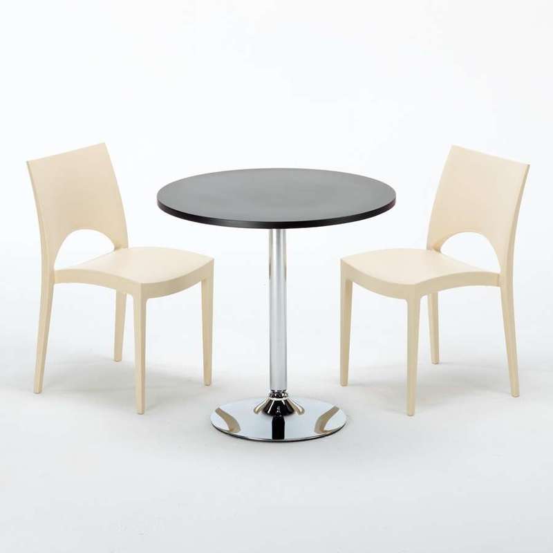 Table Ronde Noir et 2 Chaises Colorées Polypropylene Set Interieur Bar Café | Paris Beige ivoire - Noir - Rond - GRAND SOLEIL