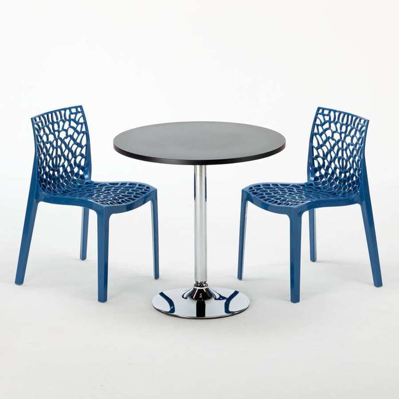 Table Ronde Noir et 2 Chaises Colorées Polypropylene Set Interieur Bar Café | Gruvyer bleu - Noir - Rond - GRAND SOLEIL