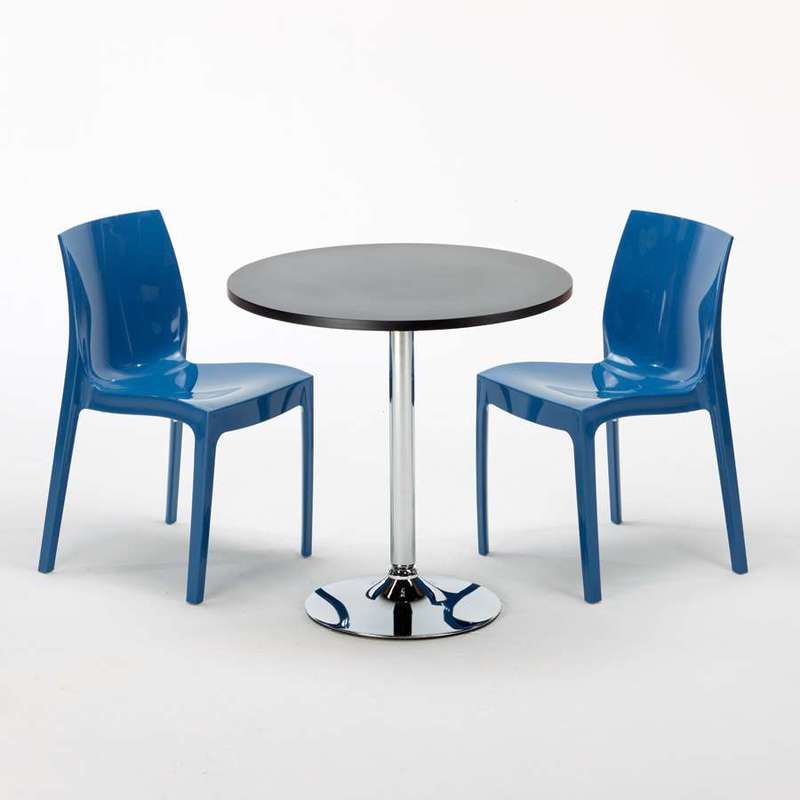 Table Ronde Noir et 2 Chaises Colorées Polypropylene Set Interieur Bar Café | Ice Bleu - Noir - Rond - GRAND SOLEIL