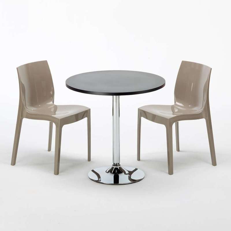 Table Ronde Noir et 2 Chaises Colorées Polypropylene Set Interieur Bar Café | Ice Beige Juta - Noir - Rond - GRAND SOLEIL