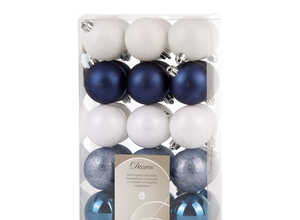 Boite de 30 Boules en plastique couleur bleue et blanche - Ø 6 cm Boite de 30 Boules en plastique couleur bleue et blanche - Ø 6 cm