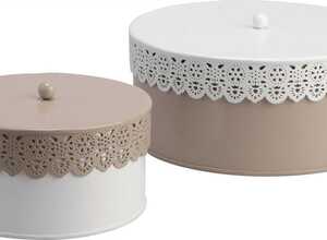 Set 2 boites motif dentelles blanc/taupe