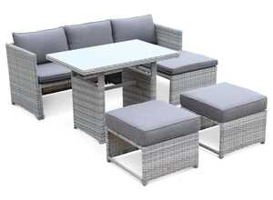 Salon de jardin 6 places - Reggiano - Table de jardin avec canapé, méridienne et 2 poufs encastrables