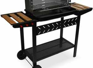 Barbecue charbon Alfred noir et gris, cuve émaillée, tablettes latérales bois, hauteur de grille ajustable - ALICE'S GARDEN