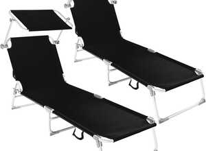 2 Chaises longues, Transat, Bain de soleil, Pare Soleil, Pliables Aluminium 190 cm Noir - TECTAKE
