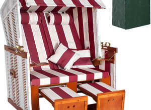 Corbeille de plage 2 places avec auvent, Chaise longue, Transat, Bain de soleil, Abri de plage Multi positions Blanc / Rouge - TECTAKE Corbeille de plage 2 places avec auvent, Chaise longue, Transat, Bain de soleil, Abri de plage Multi positions Blanc / Rouge - TECTAKE