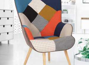 Fauteuil scandinave IVAR en tissu patchwork multicouleurs et imprimé pied de poule