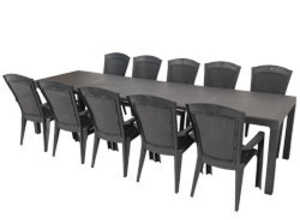 Salon de jardin: table SONATA 1m62 2m15 2m69 3m20 graphite et 10 fauteuils MINESOTTA graphite