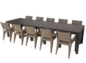 Salon de jardin: table SONATA 1m62 2m15 2m69 3m20 graphite et 10 fauteuils IBIZA Cappucino