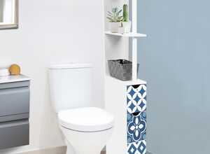 Meuble WC étagère 2 portes motif carreaux de ciment bleu