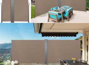 Paravent double rétractable 600 x 160 cm store taupe latéral
