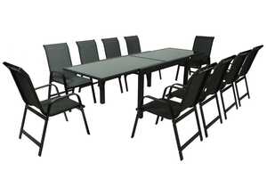 Salon de Jardin extensible 140/280 Porto 10 - Phoenix - Noir - 1 Table + 10 Fauteuils