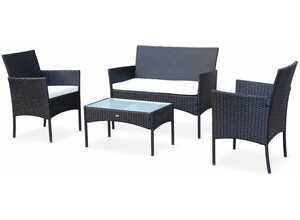 Salon de jardin en résine tressée - Moltès - Noir, Coussins écrus - 4 places - 1 canapé, 2 fauteuils, une table basse - ALICE'S GARDEN Salon de jardin en résine tressée - Moltès - Noir, Coussins écrus - 4 places - 1 canapé, 2 fauteuils, une table basse - ALICE'S GARDEN