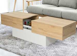 Table basse bar coulissante MARTA bois blanc et imitation hêtre