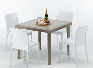 Table carrée beige + 4 chaises colorées Poly rotin synthétique ELEGANCE | Boheme Blanc - GRAND SOLEIL Table carrée beige + 4 chaises colorées Poly rotin synthétique ELEGANCE | Boheme Blanc - GRAND SOLEIL