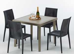 Table carrée beige + 4 chaises colorées Poly rotin synthétique ELEGANCE | Bistrot Anthracite noir - GRAND SOLEIL Table carrée beige + 4 chaises colorées Poly rotin synthétique ELEGANCE | Bistrot Anthracite noir - GRAND SOLEIL