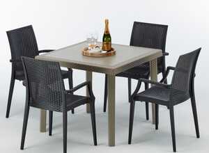 Table carrée beige + 4 chaises colorées Poly rotin synthétique ELEGANCE | Bistrot Arm Anthracite noir - GRAND SOLEIL Table carrée beige + 4 chaises colorées Poly rotin synthétique ELEGANCE | Bistrot Arm Anthracite noir - GRAND SOLEIL