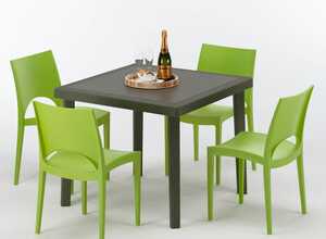 Table carrée et 4 chaises colorées Poly rotin resine 90x90 marron | Paris Vert - GRAND SOLEIL Table carrée et 4 chaises colorées Poly rotin resine 90x90 marron | Paris Vert - GRAND SOLEIL