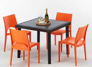 Table carrée et 4 chaises Poly rotin resine bar bistrot cafè exterieur 90x90 noir | Paris orange - GRAND SOLEIL Table carrée et 4 chaises Poly rotin resine bar bistrot cafè exterieur 90x90 noir | Paris orange - GRAND SOLEIL